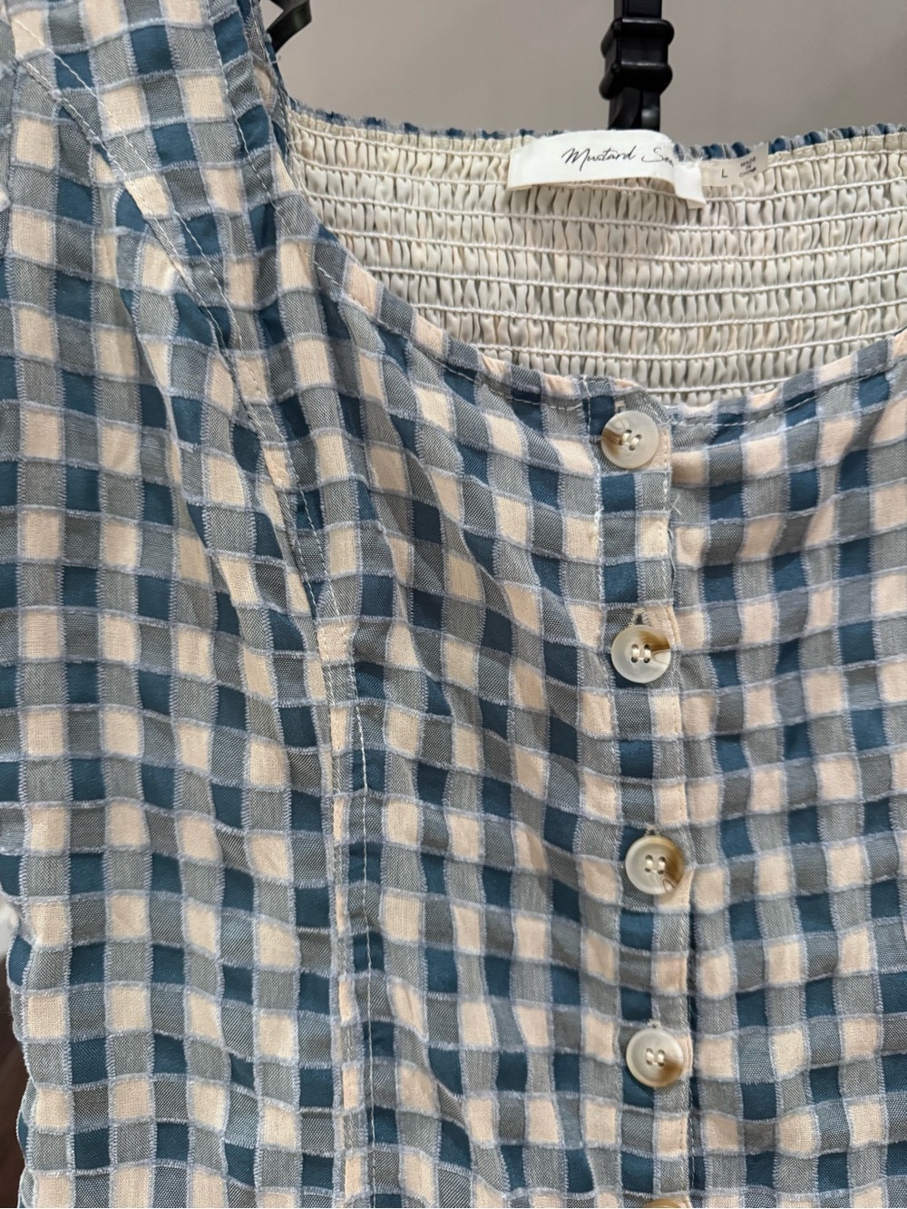 Mustard Seed Blue & White Gingham Smocked Waist Romper - Picture 2 of 6